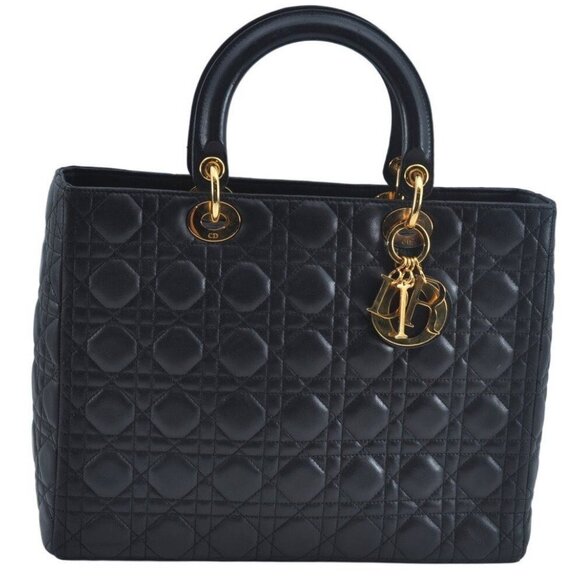 Authentic Christian Dior Cannage Leather Hand Bag Black CD - Picture 1 of 16